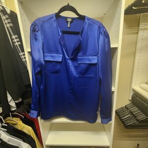 Jones New York Satin V-Neck Blouse in Royal Blue
